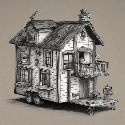 Prompt: a tiny house, a ball and a coffee pot by Tim Burton