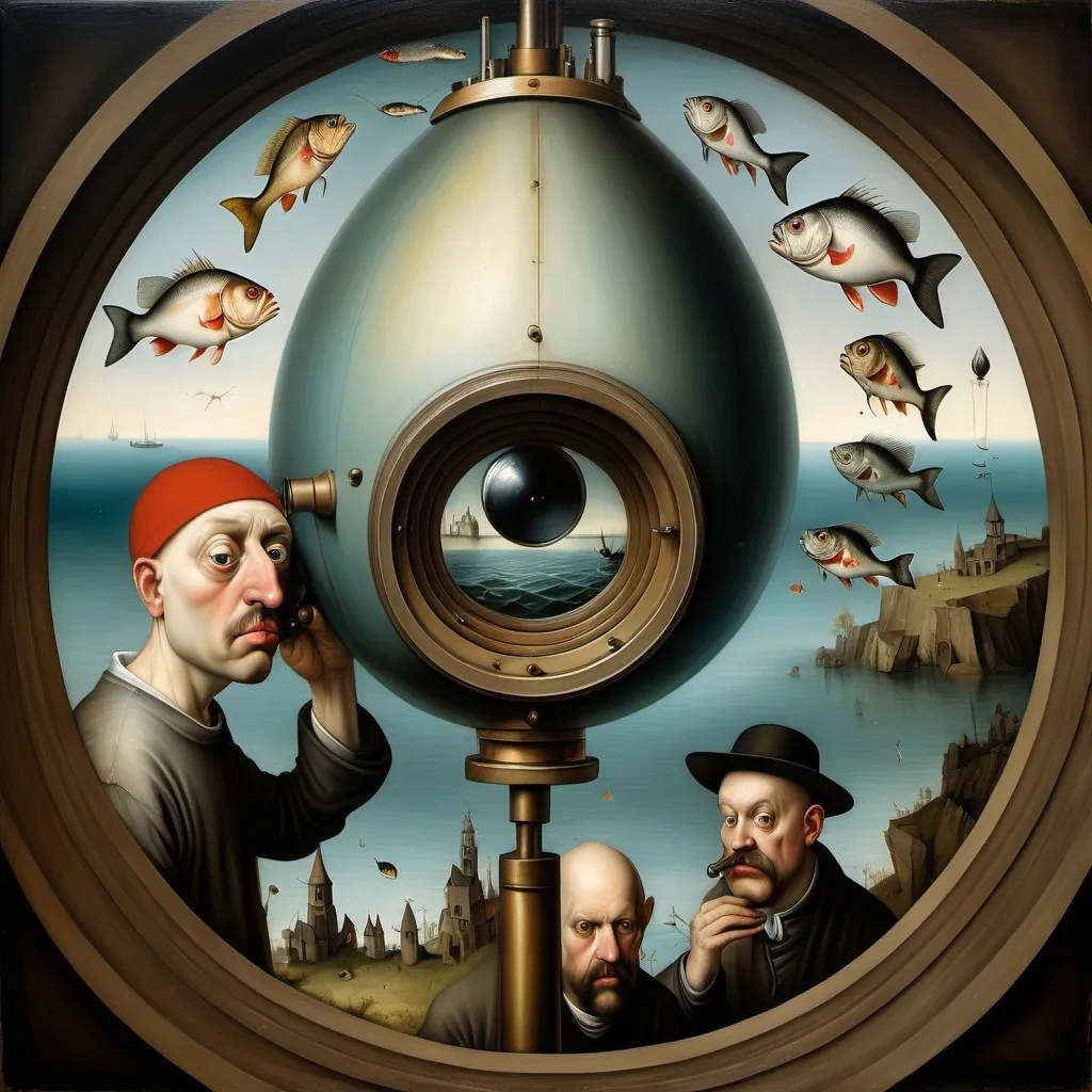 Prompt: Surrealism, a huge drop of ocean in a parallel world, people with fish heads looking through a telescope. by Hieronymus Bosch, Esao Andrews, Brian Viveros, Lucas Cranach the Elder