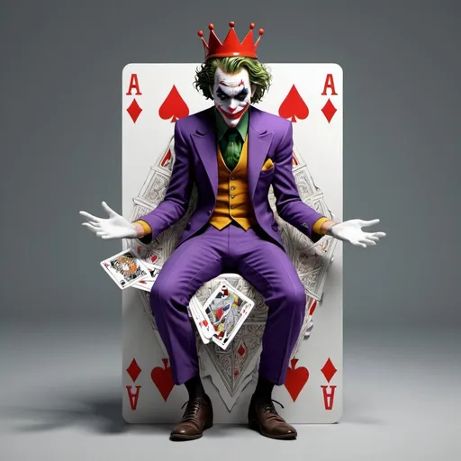 Prompt: A 3D render of a Joker playing card, full body of the modern day with modern clothes and crown literally step out from the card, trying to escape from the confines of the card.The Joker's body and feet are already outside the card boundaries, creating a sense of tension and movement.The card is in vertical position,torn and cracked The overall style of the illustration is detailed and intricate,3d render