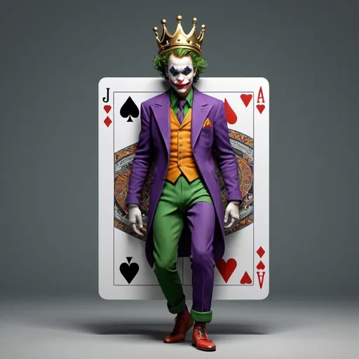 Prompt: A 3D render of a Joker playing card, full body of the modern day with modern clothes and crown literally step out from the card, trying to escape from the confines of the card.The Joker's body and feet are already outside the card boundaries, creating a sense of tension and movement.The card is in vertical position,torn and cracked The overall style of the illustration is detailed and intricate,3d render
