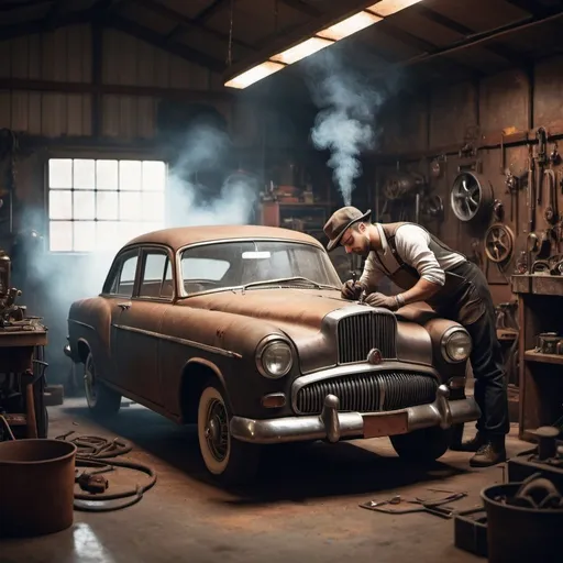 Prompt: A male mechanic, repairing a retro classic car inside a rusted garage, cinematic, industrial light, smoke around, steampunk