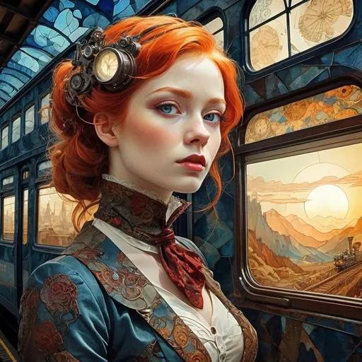 Prompt: traveling postcard beautiful vintage ink , lithography, , double exposure.  , sharp eyes glittering , fantasy, fairytale, detailed ink, steampunk dynamic poster,     art on a cracked paper , fantasy,    triadic colors, close up  gracious  young ginger steampunk lady     , close macro portrait, train, smoke,  train station landscape,  steampunk city,  night.  , mountains, red sun, dynamic pose, light on face, shadow play, perfect face, sharp  glowing eyes, by  James Jean, Craola,  Mumford ,Royo   Andy Kehoe, patchwork, stained glass,  storybook illustration, highly detailed unusual  beautiful details, intricated, intricated pose, tiny details masterpiece, high quality, intricated lighting, luminism, 