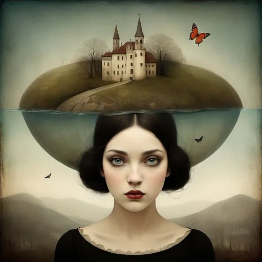 Prompt: What lies beneath my scarry thoughs, the insecurities obscured by the beautiful face, the beauty varnish that others see and it's not all, art by Christian Schloe, Gabriel Pacheco
