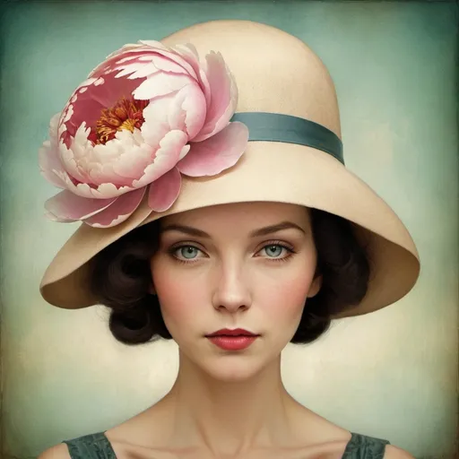 Prompt: vintage frontal portrait of a beautiful woman in '30s hat, big peony flower covers her half face by Christian Schloe