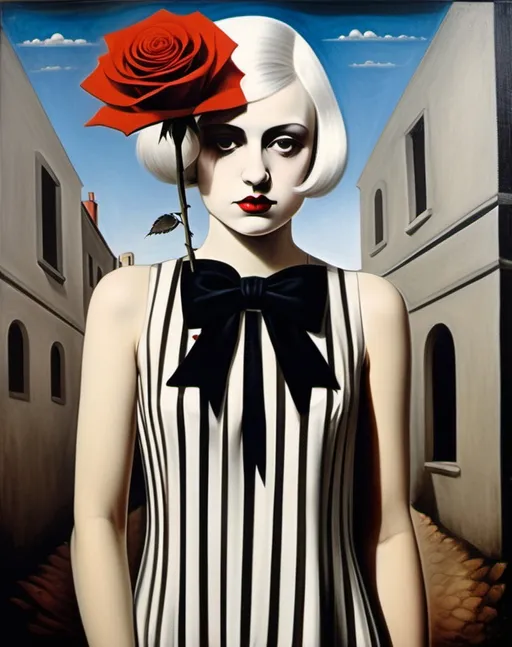 Prompt: Surrealism, girl model in silk dress with striped print, silk bow on short white hair, red rose in hand, in the style of Odilon Redon, Paul Delvaux, Emory Douglas, Barbara Kruger