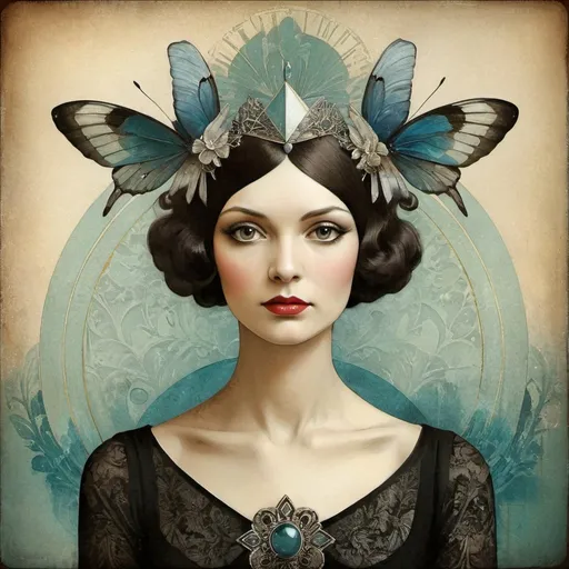 Prompt: portrait, russish CLASSICAL ROMANTIC music, art deco, whimsical, MAGICAL, fantastical, INK, mixed media, GOUACHE, Tim Holtz, CHRISTIAN SCHLOE