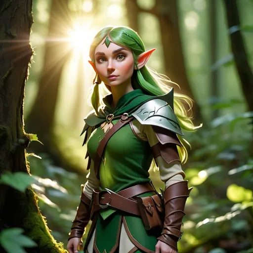 Prompt: Elf ranger in a mystical forest around sunlight