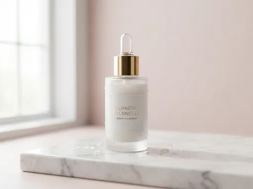 Prompt: A luxury skincare serum bottle with a glass dropper placed on a white marble surface, soft natural window lighting, minimal aesthetic, pastel background, water droplets around the bottle, shallow depth of field, shot with 50mm lens, ultra realistic, 4K, high detail, commercial product photography