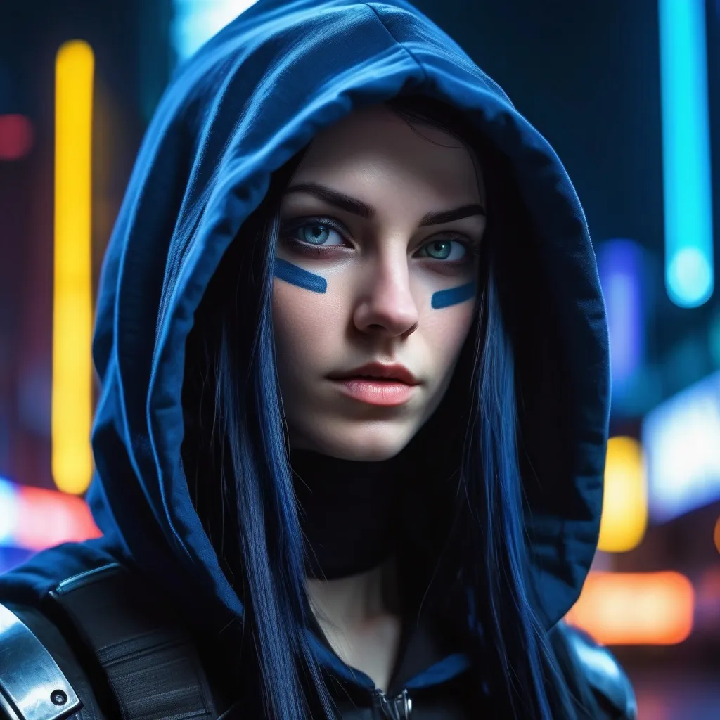 Prompt: The cinematic portrait of the beautiful bold elf young woman with naturally long straight navy blue hair, a small, straight face, thin lips, a small upturned nose, wearing black armor, and a dark blue hood that covers her head, casting a shadow over the upper half of her face against a cyberpunk neon city background.  Full-face, front view, The aspect ratio is 1.5:1