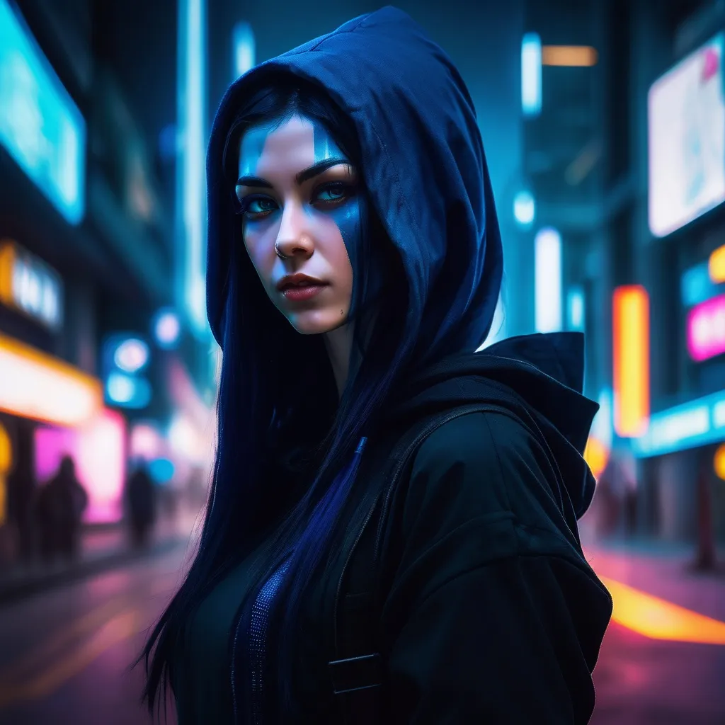 Prompt: The cinematic portrait of the beautiful bold elf young woman with naturally long straight navy blue hair, a small, straight face, thin lips, a small upturned nose, wearing black armor, and a dark blue hood that covers her head, casting a shadow over the upper half of her face against a cyberpunk neon city background.  Full-face, front view, The aspect ratio is 1.5:1