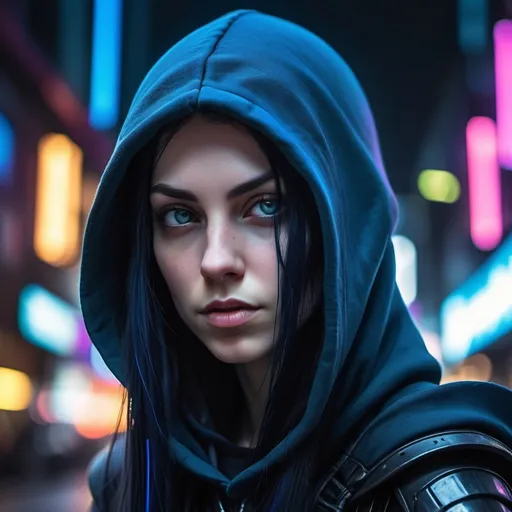 Prompt: The cinematic portrait of the beautiful bold elf young woman with naturally long straight navy blue hair, a small, straight face, thin lips, a small upturned nose, wearing black armor, and a dark blue hood that covers her head, casting a shadow over the upper half of her face against a cyberpunk neon city background.  Full-face, front view, The aspect ratio is 1.5:1