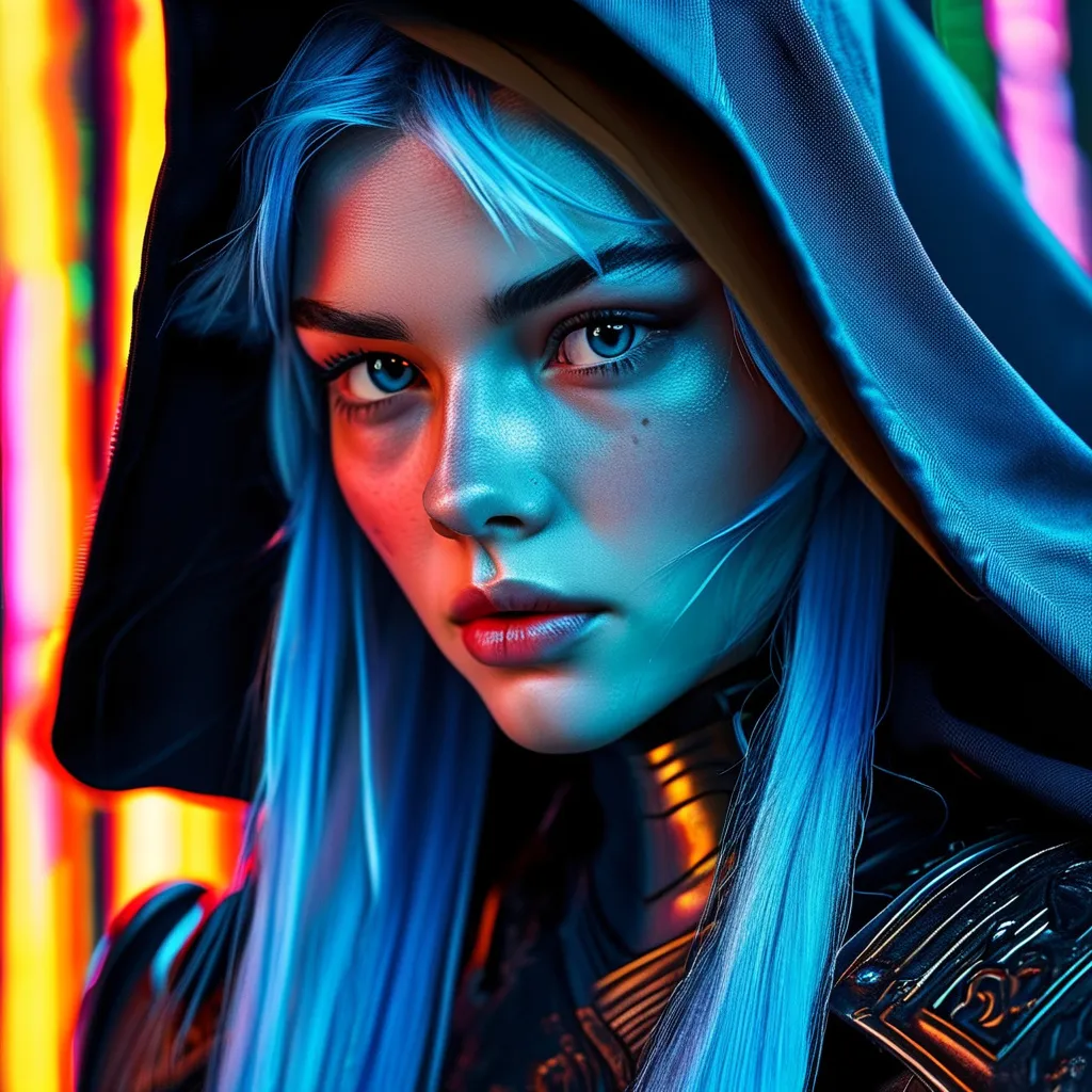 Prompt: The cinematic portrait of the beautiful bold elf young woman with naturally long straight dark blue hair, a small, straight face, thin lips, a small upturned nose, wearing black armor, and a dark blue hood that covers her head, casting a shadow over the upper half of her face against a cyberpunk neon city background.  Full-face, front view, The aspect ratio is 1.5:1