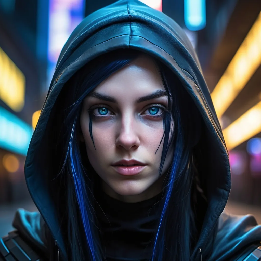 Prompt: The cinematic portrait of the beautiful bold elf young woman with naturally long straight navy blue hair, a small, straight face, thin lips, a small upturned nose, wearing black armor, and a dark blue hood that covers her head, casting a shadow over the upper half of her face against a cyberpunk neon city background.  Full-face, front view, The aspect ratio is 1.5:1