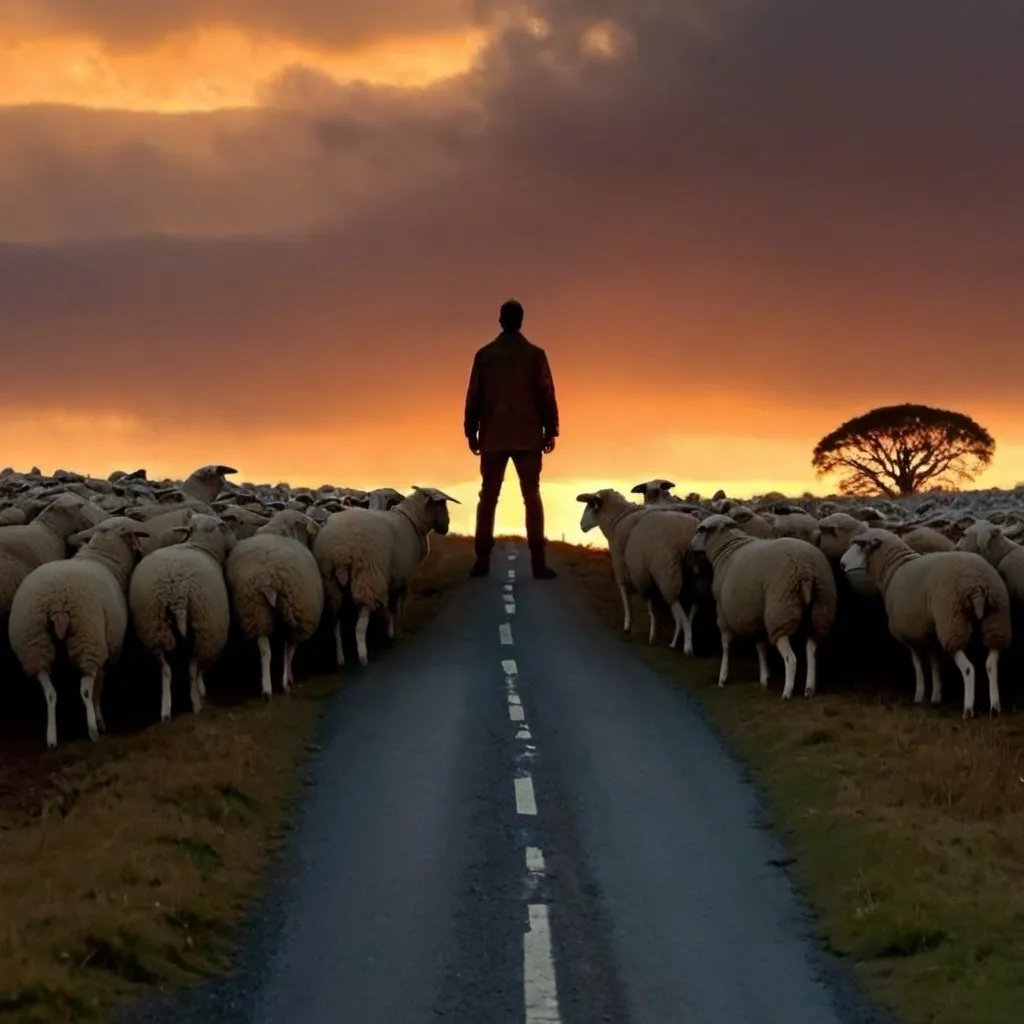 Prompt: we see a man from behind in the sunset looking at the road crossed by sheep