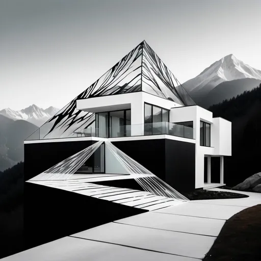 Prompt: A mountain made up of black and white contours with a faded 50% transparent modern house and faded 50% transparent driveway going down it 