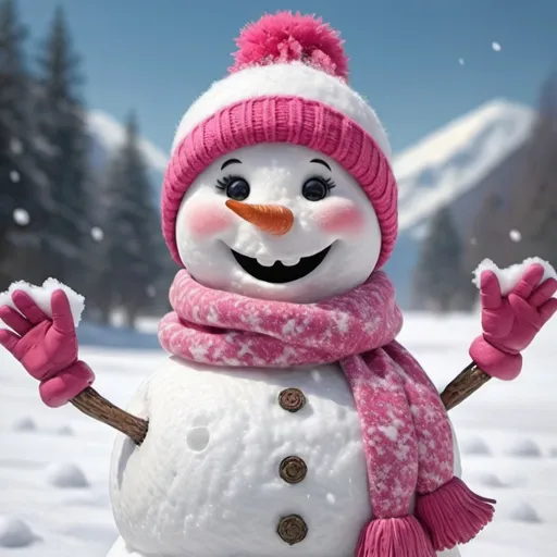 Prompt: (realistic style) female snowman, (playful expression), contemporary design, vibrant pink clothing,  (cheerful ambiance), detailed snow texture, youthful modern fashion, ultra-detailed, HD quality, inviting atmosphere, fashion-forward snow character, imaginative and fun composition, human hands