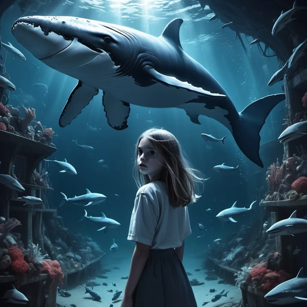 Prompt: A underground world with whales, sharks and fish that the supernatural creature ties to destroy because it knows that that is the only thing that can stop it  a girl in the picture too