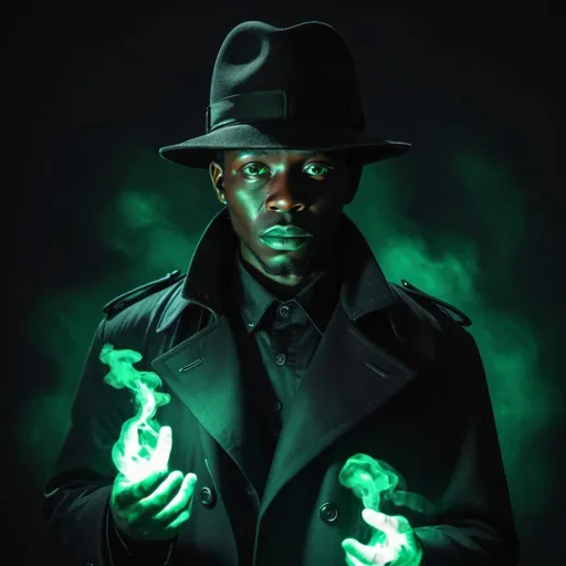 Prompt: Ghost of African slave dressed in a Black hat and black trench coat .With his eyes. Glowing green .