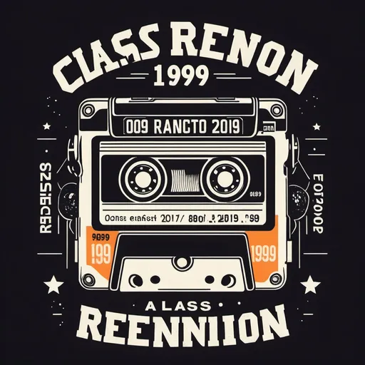 Prompt: A class reunion tshirt for batch 1999 with retro cassette theme