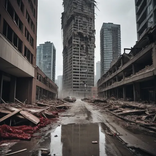 Prompt: Extremely destroyed city, badly destroyed skyscrapers, road, smashed buildings at the sides. Rotting human corpses all over the place, headless, entrails hanging out, terror, gore, bloody buildings, lots of skyscrapers, eerie atmosphere, pretty dark sky, raining heavily. Toronto city. A tall building has a massive hole in the middle, almost tore it apart.