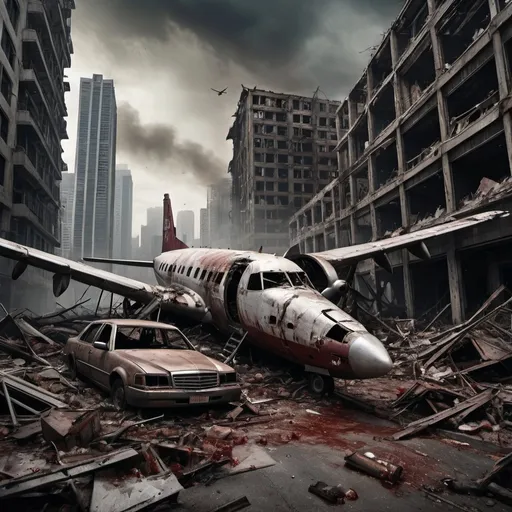 Prompt: A heavily destroyed plane after math of a crash on a post-apocalyptic metropolis city, completely destroyed skyscrapers. Extremely bloody, blood on the buildings, human bodies all over the ground, extremely disgusting, gore, blood