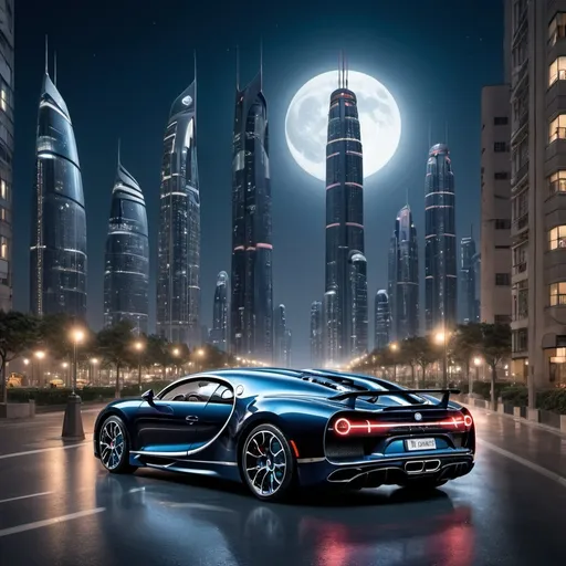 Prompt: A lively night metropolis city full of Bugatti Chiron, a lot of tall, futuristic skyscrapers shining under the moon light