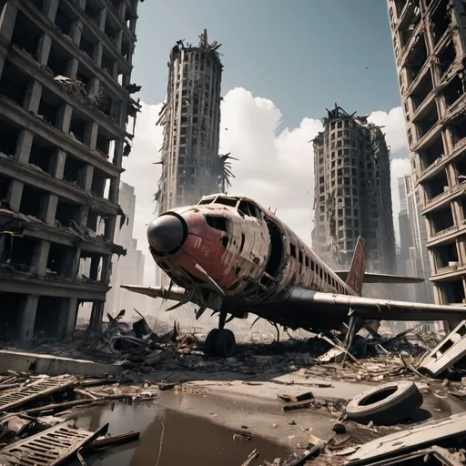 Prompt: A heavily destroyed plane after math of a crash on a post-apocalyptic metropolis city, completely destroyed skyscrapers.