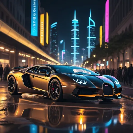 Prompt: A lively metropolis city full of Bugatti Chirons and Lamborghini Aventador SVJs