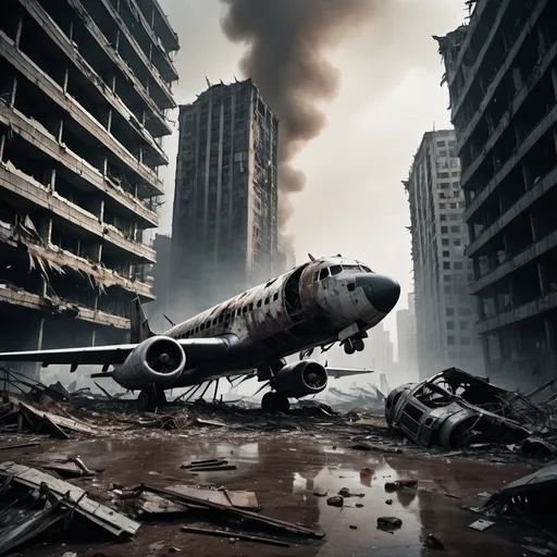 Prompt: A heavily destroyed plane after math of a crash on a post-apocalyptic metropolis city, completely destroyed skyscrapers.