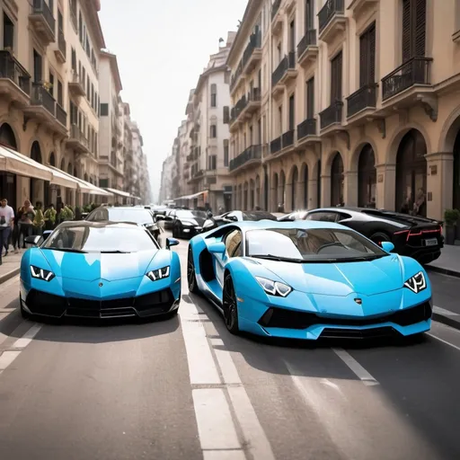 Prompt: A lively metropolis city full of Bugatti Chirons and Lamborghini Aventador SVJs