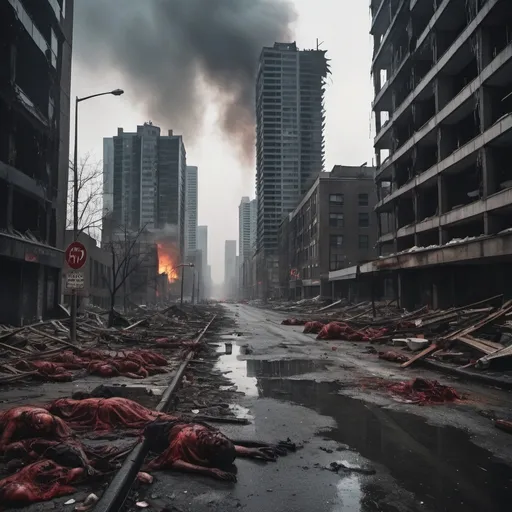 Prompt: Extremely destroyed city, badly destroyed skyscrapers, road, smashed buildings at the sides. Rotting human corpses all over the place, headless, entrails hanging out, terror, gore, bloody buildings, lots of skyscrapers, eerie atmosphere, pretty dark sky, raining heavily. Toronto city. A lot of dead bodies lying on the ground, extremely bloody and disgusting. Fire burning everywhere in the buildings, the air is foggy and dark. The sky is dark and eerie, extremely eerie. Smoke on the roof of burning buildings. It’s in the night, the sky is black.