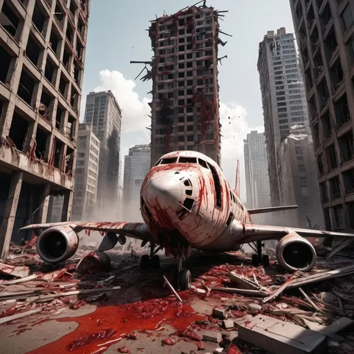 Prompt: A heavily destroyed plane after math of a crash on a post-apocalyptic metropolis city, completely destroyed skyscrapers. Extremely bloody, blood on the buildings, human bodies all over the ground, extremely disgusting, gore, blood