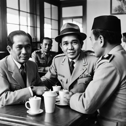 Prompt: Ir soekarno, Soepomo, and bung Hatta sitting while discusing in cafe with coffe, no other people in caFe