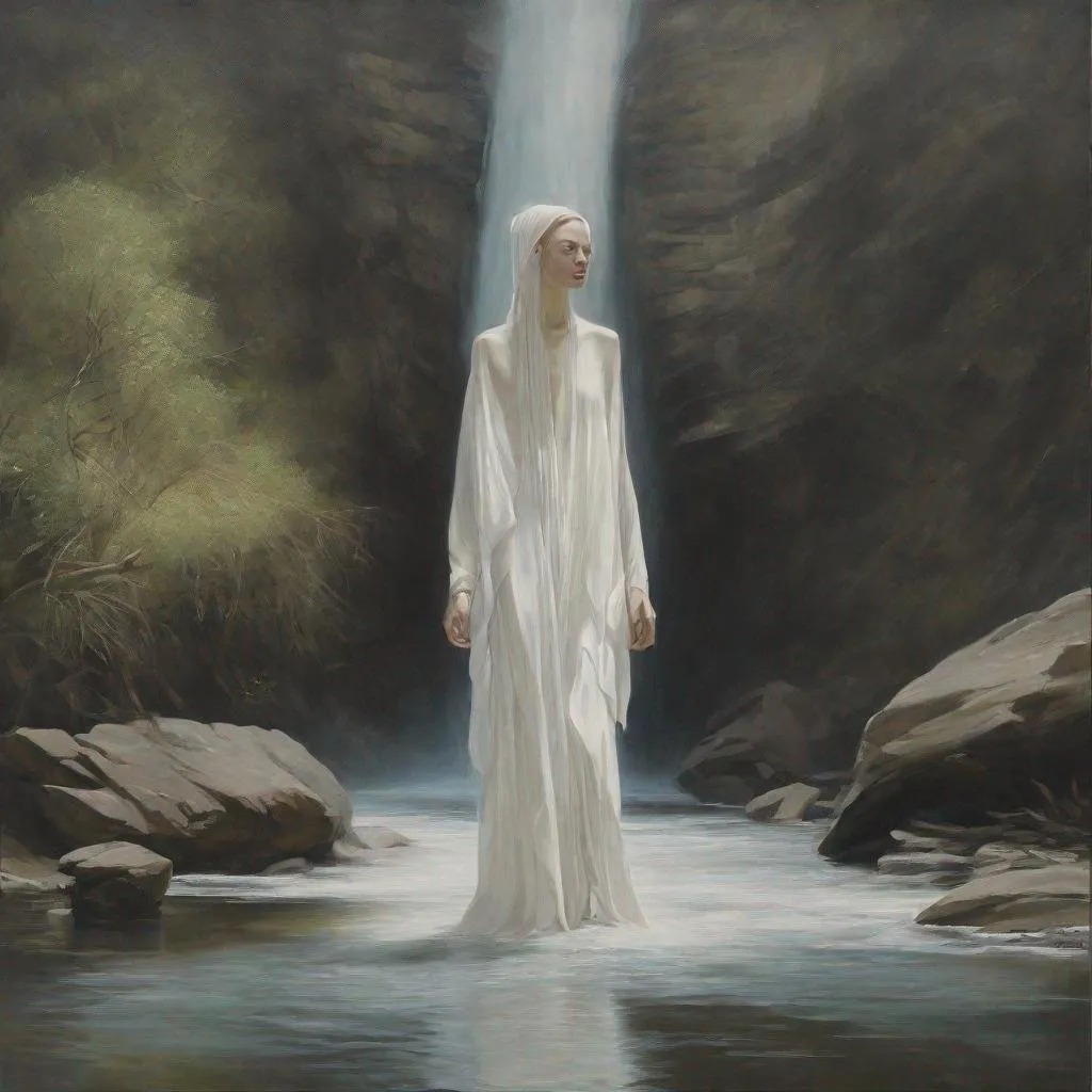 Prompt: a painting of a woman dressed in very thin white standing in a waterfall 

