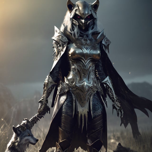 Prompt: Metal-clad female hunter, flowing cape, loyal wolf companion, cool tones, high-quality, metal material, flowing cape, wolf companion, detailed armor, fierce gaze, atmospheric lighting, professional, fantasy, detailed eyes, sleek design, dynamic pose, cool breeze, loyal companion, best quality, highres, ultra-detailed, fantasy, cool tones