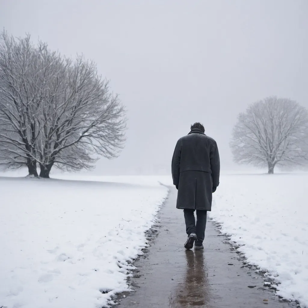 Prompt: a sad man walks in the snow