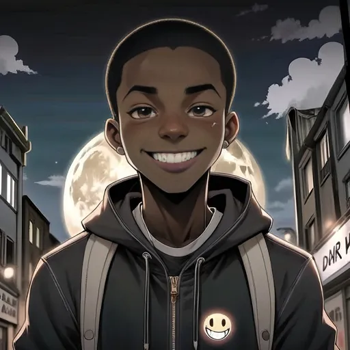Prompt: a man with braces on his teeth smiling at the camera with a smile on his face and a hand in his other hand, Dr. Atl, black arts movement, anime art style, a comic book panel