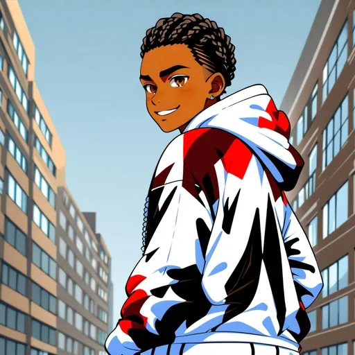 Prompt: 
- Age: 13
- Height: 5'8" (175 cm)
- Weight: 120-130 lbs (63-68 kg)
- Ethnicity: Black
- Hair: Black, curly, braids
- Eyes: Dark brown
- Skin tone: Dark brown
- Build: Lean and athletic, with broad shoulders and a toned physique
- Facial features: Strong jawline, full lips, and a small nose ring
- Attire: Typically wears a black and white hoodie , with a silver necklace and a confident smile