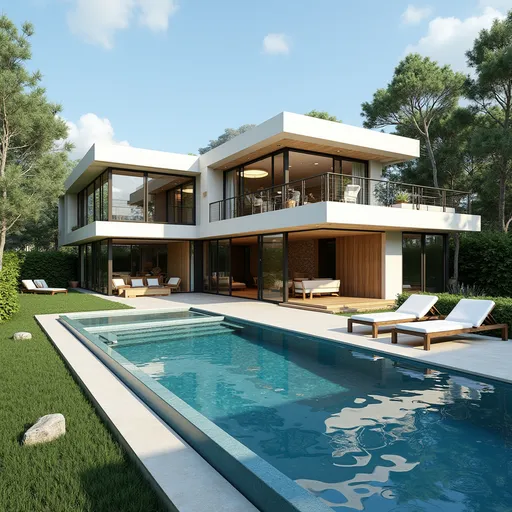 Prompt: a two story villa in a 329 square meter land with out door pool and a place for sitting outside< i want the villa to have trace , and high portrait shape windows  three master  bed rooms up stair  and a kitchen and living room down stair i  want the pool to come into the living room 
