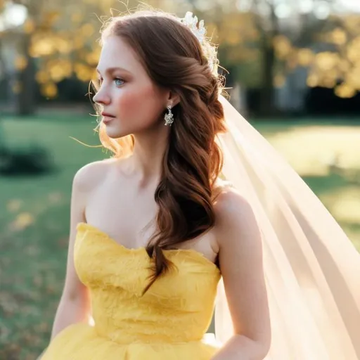 Prompt: enchanting princess,yellow gown,brown hair,blue eyes,red hails.