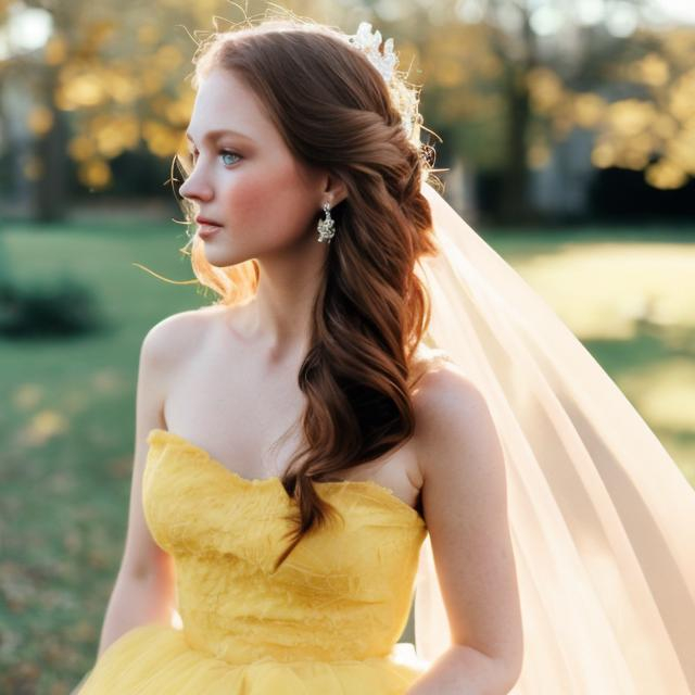 Prompt: enchanting princess,yellow gown,brown hair,blue eyes,red hails.