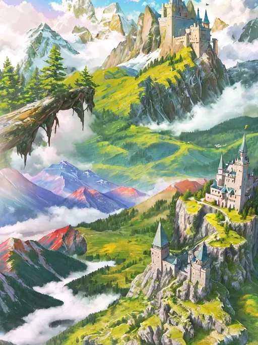 Prompt: Majestic mountain vista, oil painting, vibrant colors, serene atmosphere, high resolution, realistic, landscape, peaceful ambiance, detailed feathers, scenic view, warm natural lighting, princess over a castle, animals, photorealism, vibrant landscape, detailed mountain, peaceful atmosphere, high-quality artwork