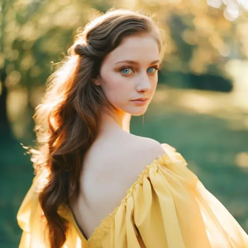 Prompt: enchanting princess,yellow gown,brown hair,blue eyes,red hails.