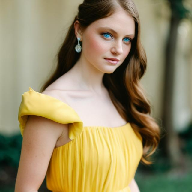 Prompt: enchanting princess,yellow gown,brown hair,blue eyes,red hails.