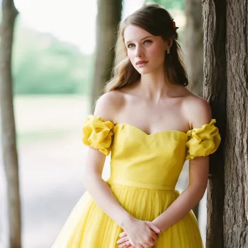 Prompt: enchanting princess,yellow gown,brown hair,blue eyes,red hails.