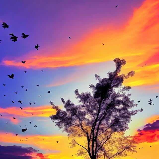 Prompt: building new york blue sky birds tress,purple sky,orange sky