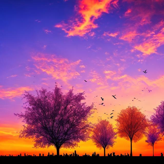 Prompt: building new york blue sky birds tress,purple sky,orange sky