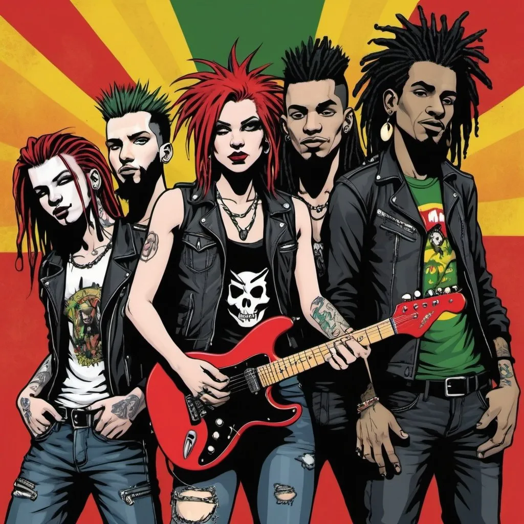 Prompt: Music bands / different music styles (punk, rock, reggae, pop, metal) / no text please, comics art