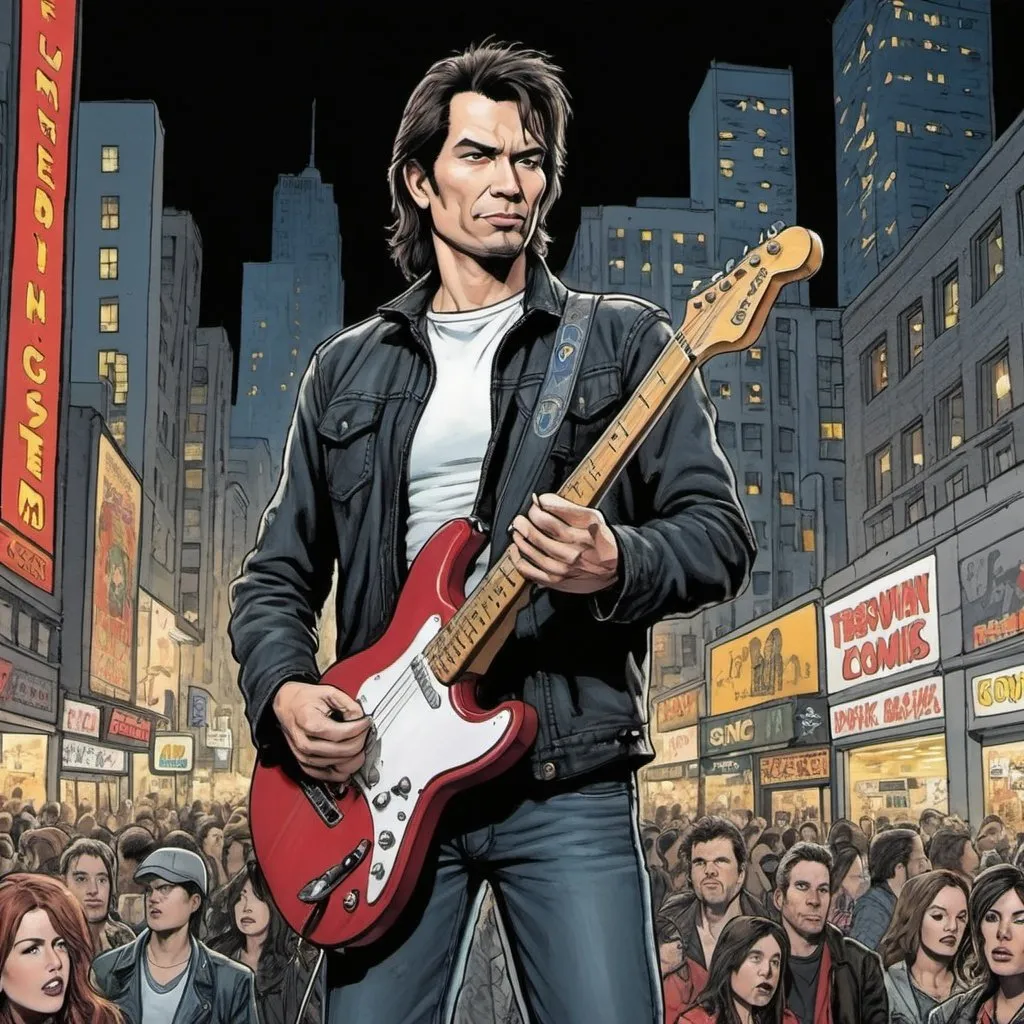 Prompt: rock musician (person is 50% scale of the picture) big night city comics
