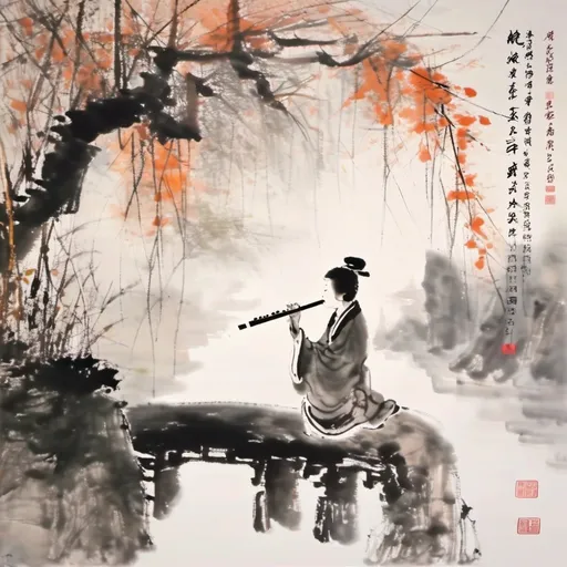 Prompt: ink-painting, a lady playing the flute, lonely, Chinese style, autumn